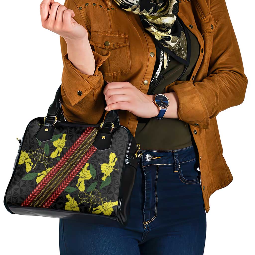 Samoan Culture Shoulder Handbag Hibiscus and Ula Fala with Tapa Pattern Black Color LT03 - Polynesian Pride