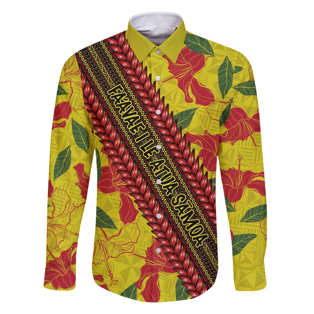 Samoan Culture Family Matching Long Sleeve Bodycon Dress and Hawaiian Shirt Hibiscus and Ula Fala with Tapa Pattern YellowColor