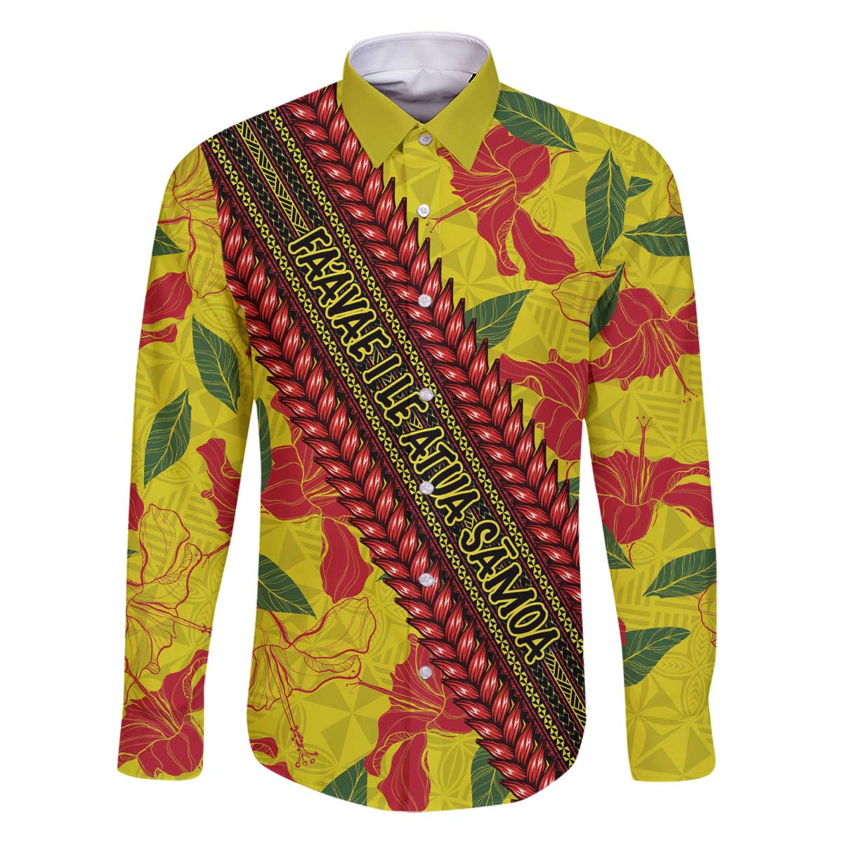 Samoan Culture Family Matching Off The Shoulder Long Sleeve Dress and Hawaiian Shirt Hibiscus and Ula Fala with Tapa Pattern YellowColor