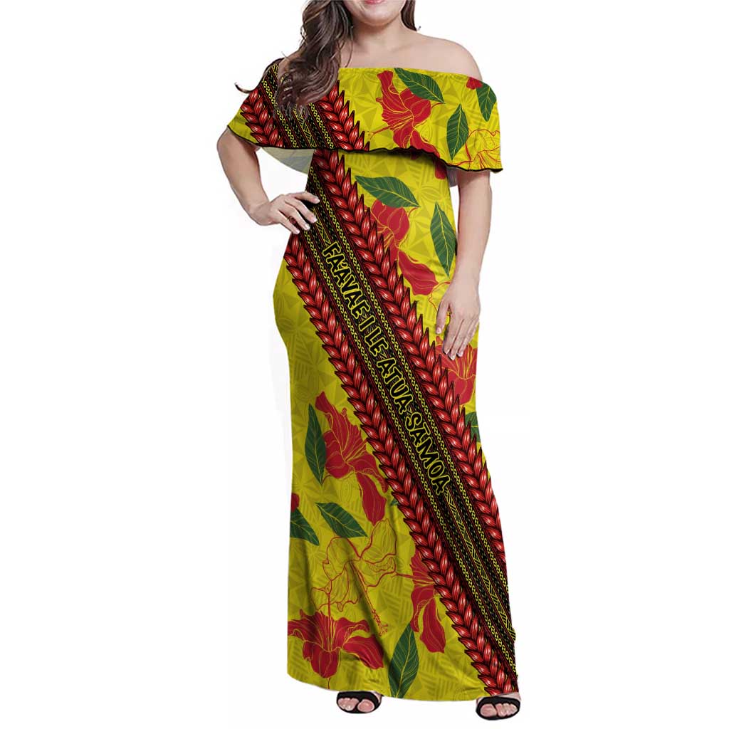 Samoan Culture Family Matching Off Shoulder Maxi Dress and Hawaiian Shirt Hibiscus and Ula Fala with Tapa Pattern YellowColor