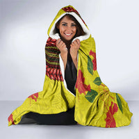 Samoan Culture Hooded Blanket Hibiscus and Ula Fala with Tapa Pattern Yellow Color