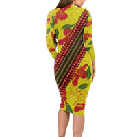 Samoan Culture Long Sleeve Bodycon Dress Hibiscus and Ula Fala with Tapa Pattern YellowColor