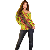 Samoan Culture Off Shoulder Sweater Hibiscus and Ula Fala with Tapa Pattern YellowColor