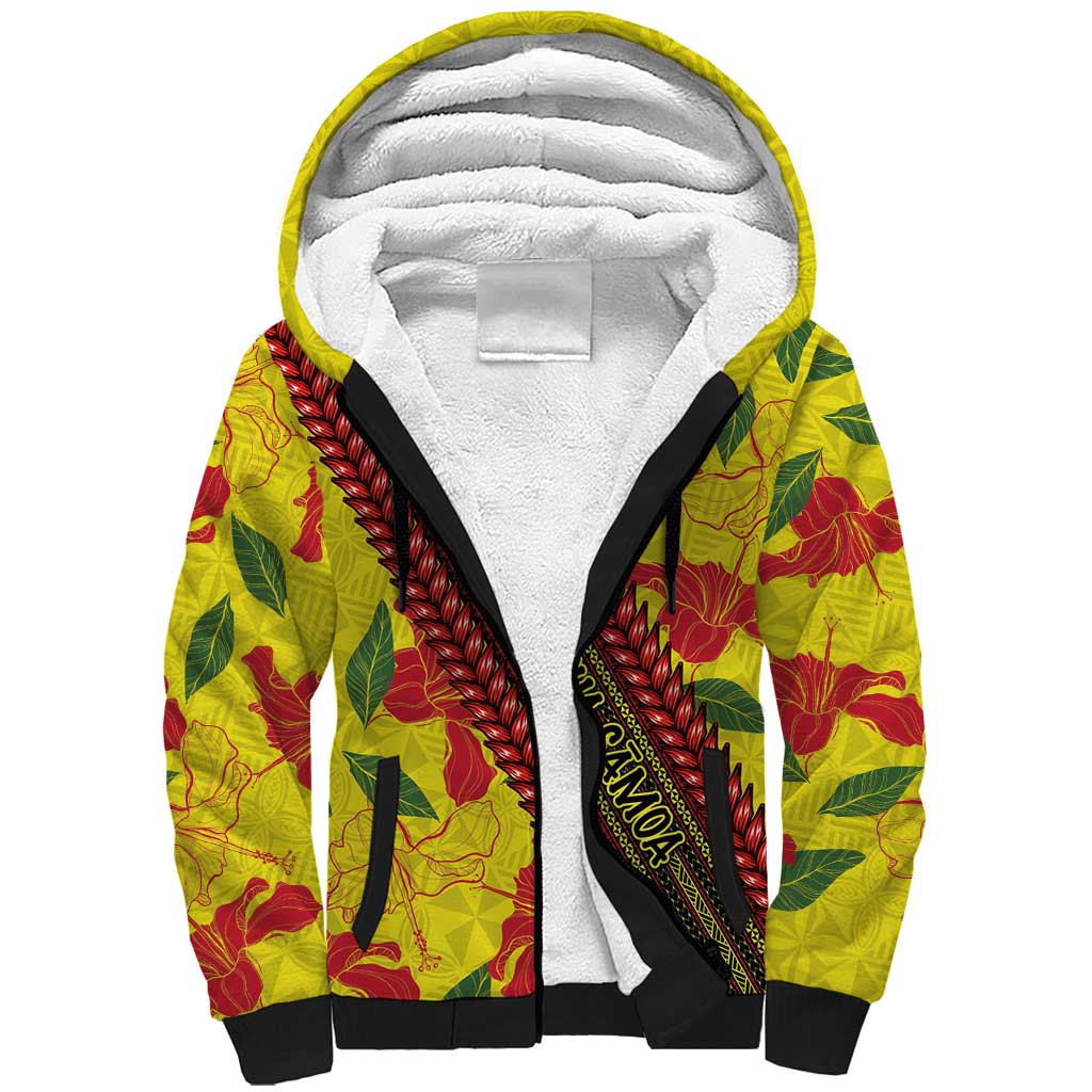 Samoan Culture Sherpa Hoodie Hibiscus and Ula Fala with Tapa Pattern YellowColor