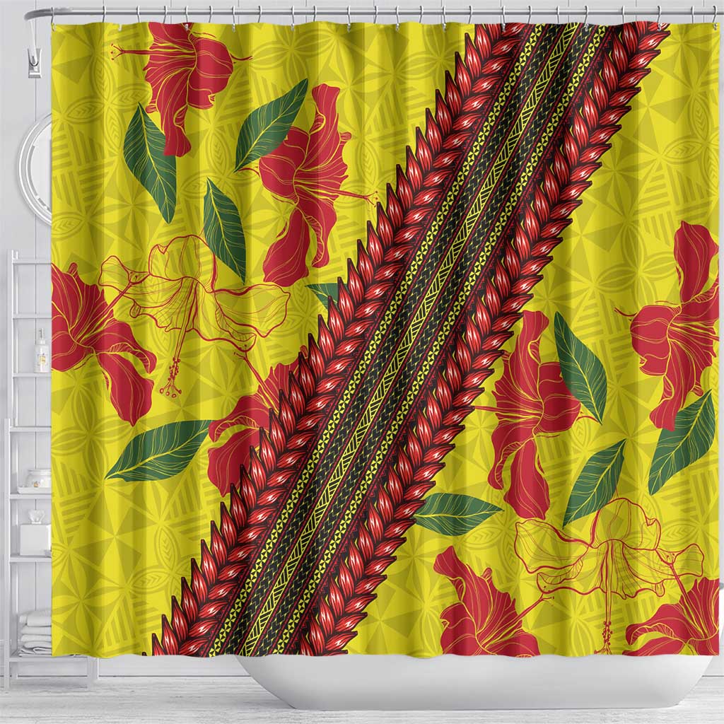 Samoan Culture Shower Curtain Hibiscus and Ula Fala with Tapa Pattern Yellow Color