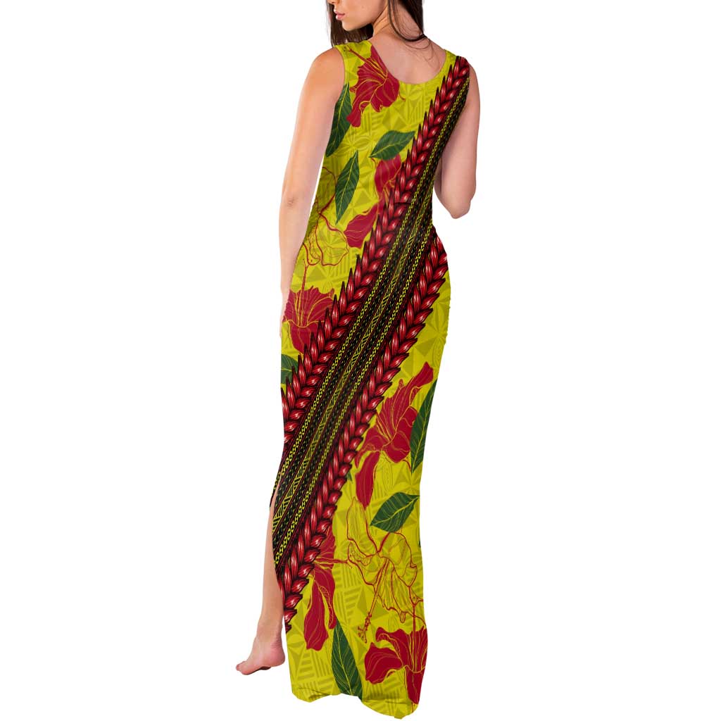 Samoan Culture Tank Maxi Dress Hibiscus and Ula Fala with Tapa Pattern YellowColor