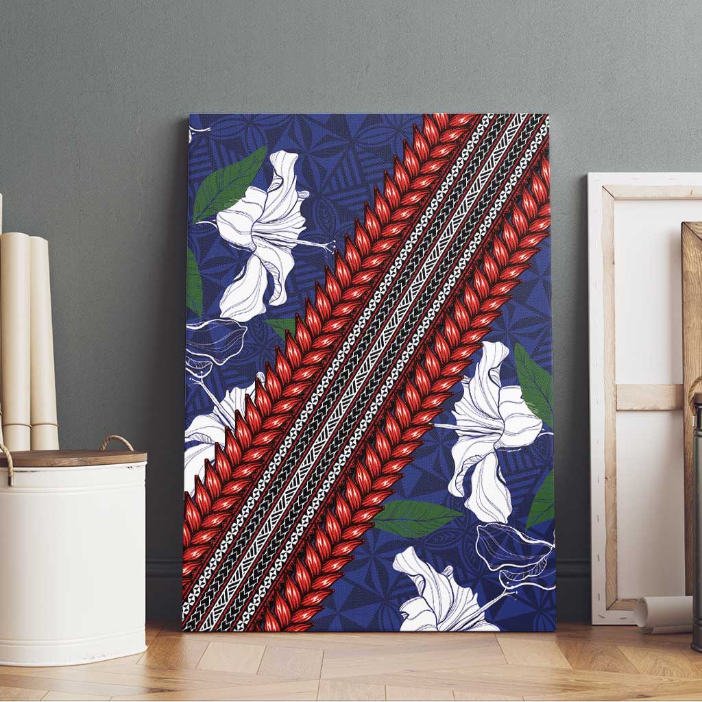 Samoan Culture Canvas Wall Art Hibiscus and Ula Fala with Tapa Pattern Blue Color