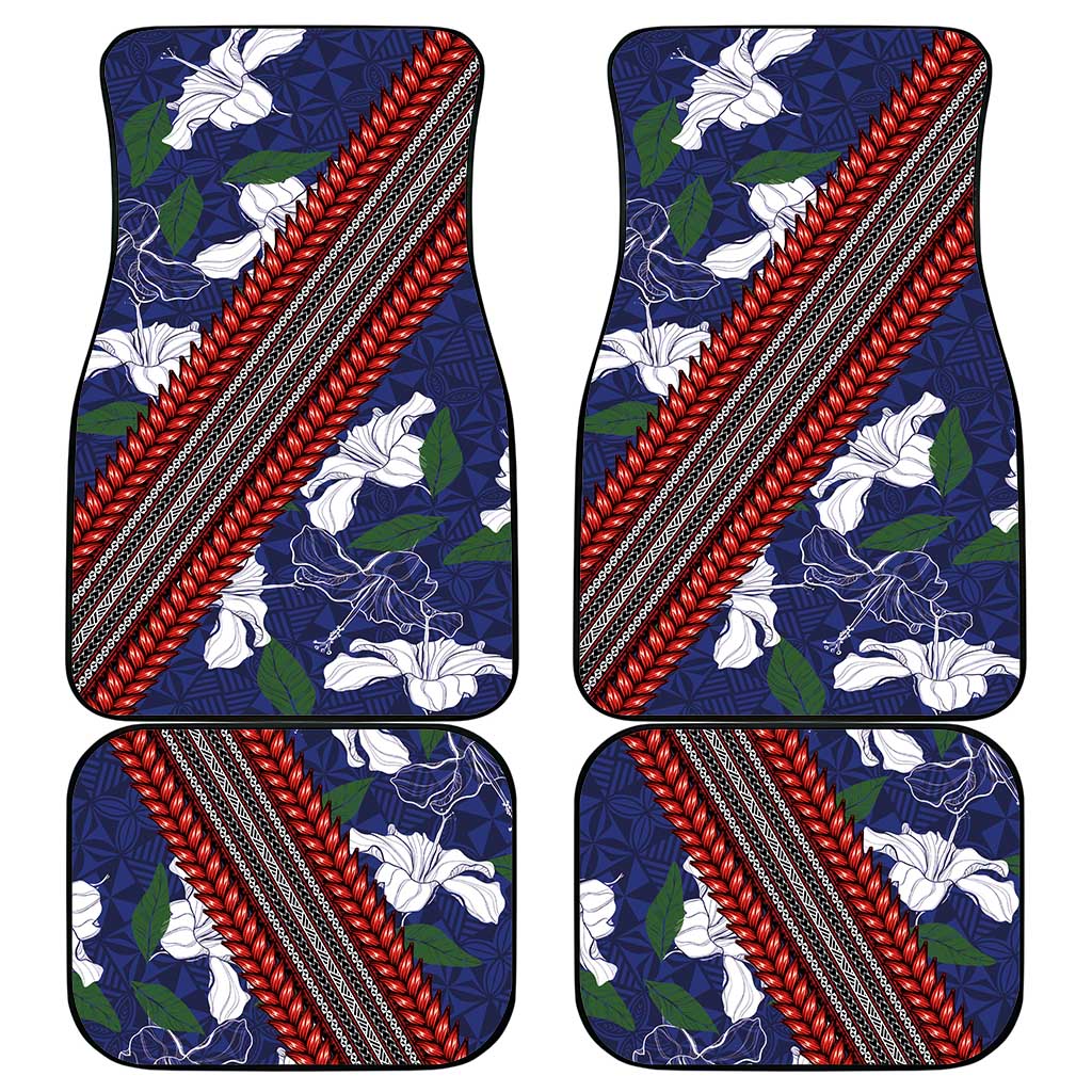 Samoan Culture Car Mats Hibiscus and Ula Fala with Tapa Pattern Blue Color