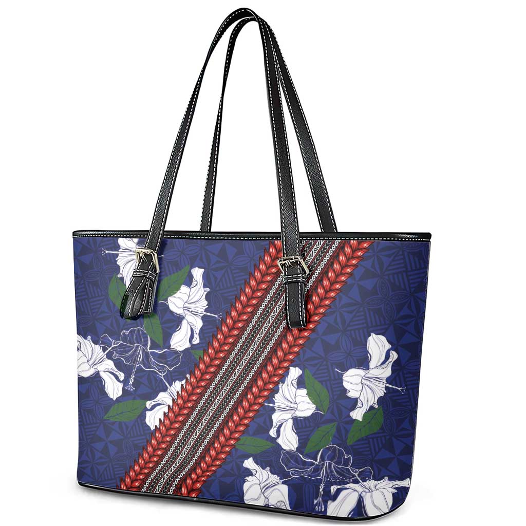 Samoan Culture Leather Tote Bag Hibiscus and Ula Fala with Tapa Pattern Blue Color