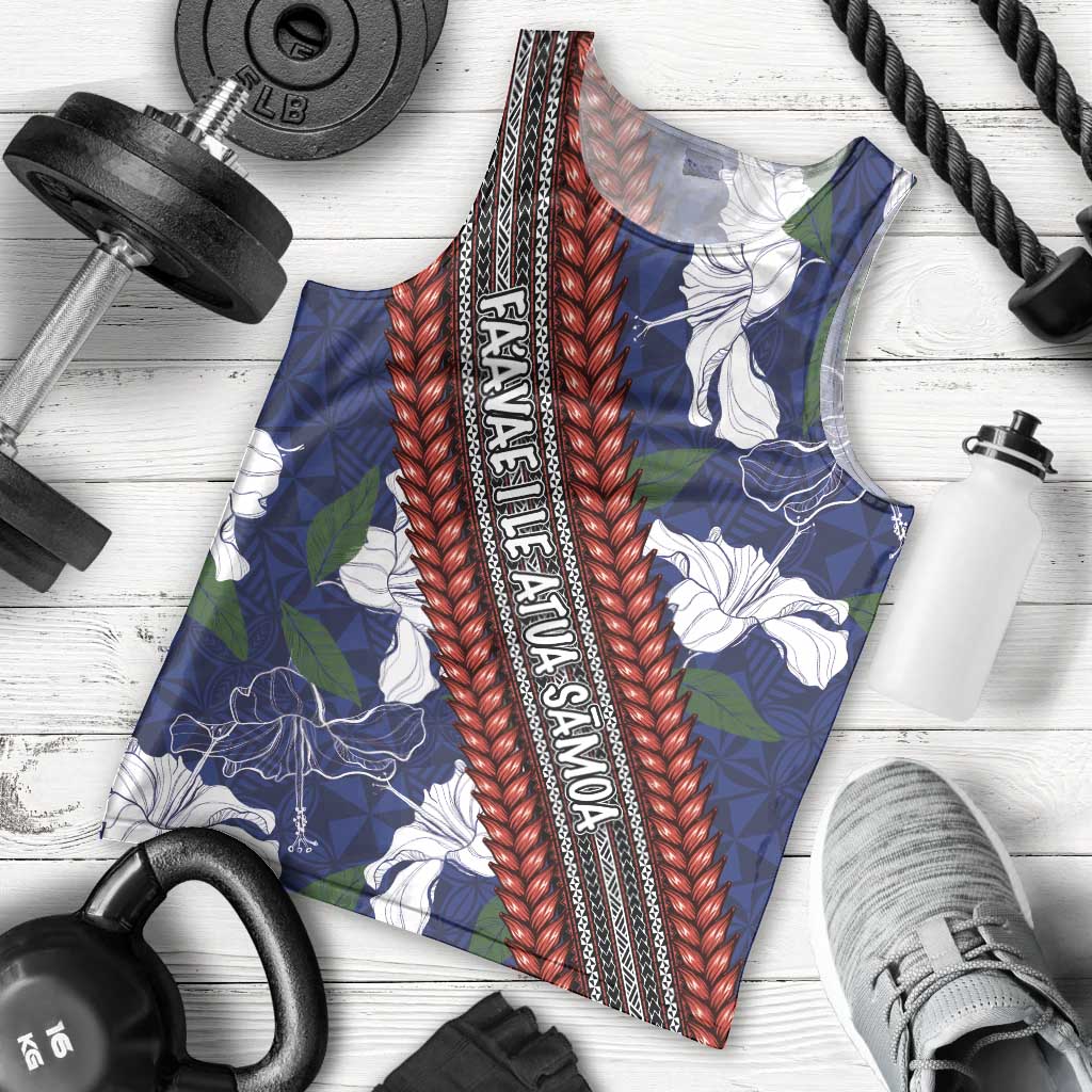 Samoan Culture Men Tank Top Hibiscus and Ula Fala with Tapa Pattern Blue Color