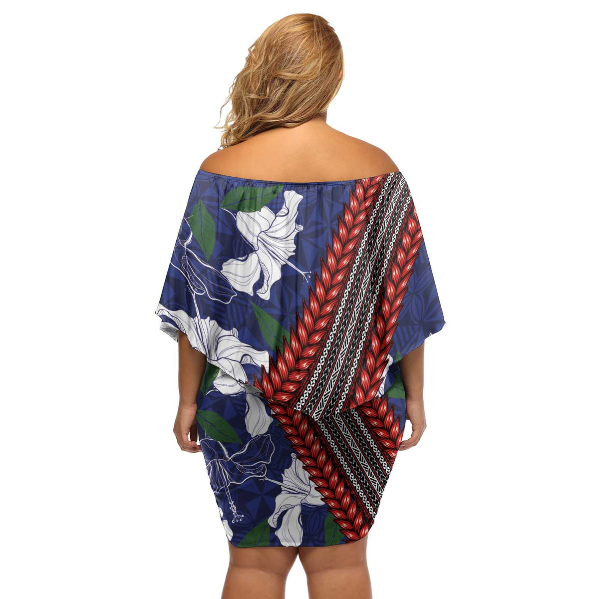 Samoan Culture Off Shoulder Short Dress Hibiscus and Ula Fala with Tapa Pattern Blue Color