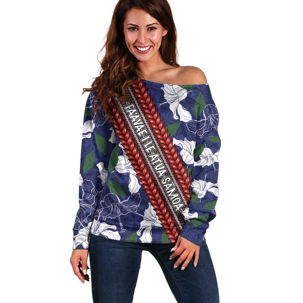 Samoan Culture Off Shoulder Sweater Hibiscus and Ula Fala with Tapa Pattern Blue Color