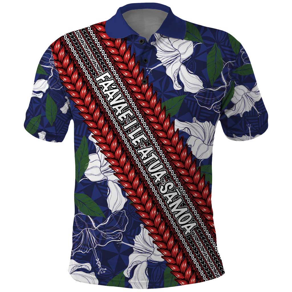 Samoan Culture Polo Shirt Hibiscus and Ula Fala with Tapa Pattern Blue Color