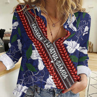 Samoan Culture Women Casual Shirt Hibiscus and Ula Fala with Tapa Pattern Blue Color