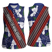 Samoan Culture Women Sleeveless Polo Shirt Hibiscus and Ula Fala with Tapa Pattern Blue Color