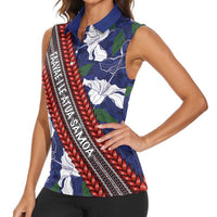 Samoan Culture Women Sleeveless Polo Shirt Hibiscus and Ula Fala with Tapa Pattern Blue Color