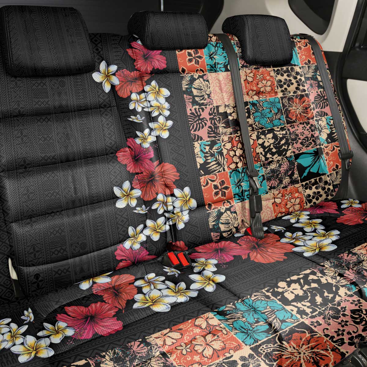 Hawaiian Hibiscus and Tropical Leaves Back Car Seat Cover Patchwork Grunge Abstract Vintage Style