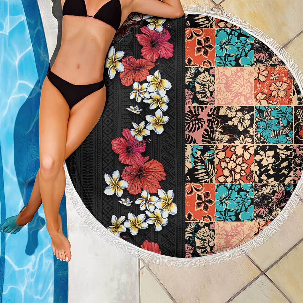Hawaiian Hibiscus and Tropical Leaves Beach Blanket Patchwork Grunge Abstract Vintage Style
