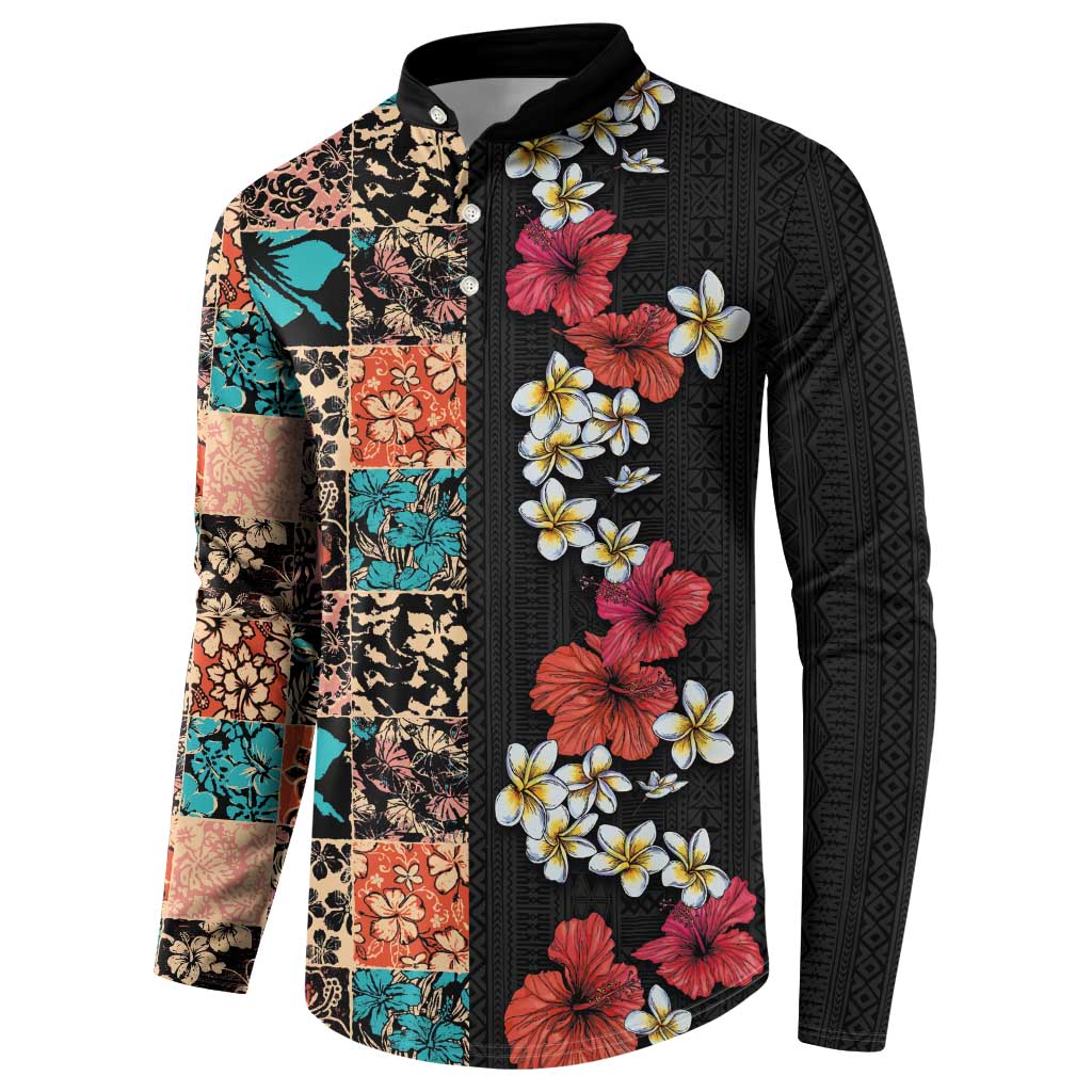 Hawaiian Hibiscus and Tropical Leaves Button Sweatshirt Patchwork Grunge Abstract Vintage Style