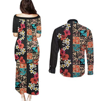 Hawaiian Hibiscus and Tropical Leaves Couples Matching Puletasi and Long Sleeve Button Shirt Patchwork Grunge Abstract Vintage Style