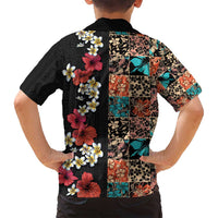 Hawaiian Hibiscus and Tropical Leaves Family Matching Long Sleeve Bodycon Dress and Hawaiian Shirt Patchwork Grunge Abstract Vintage Style