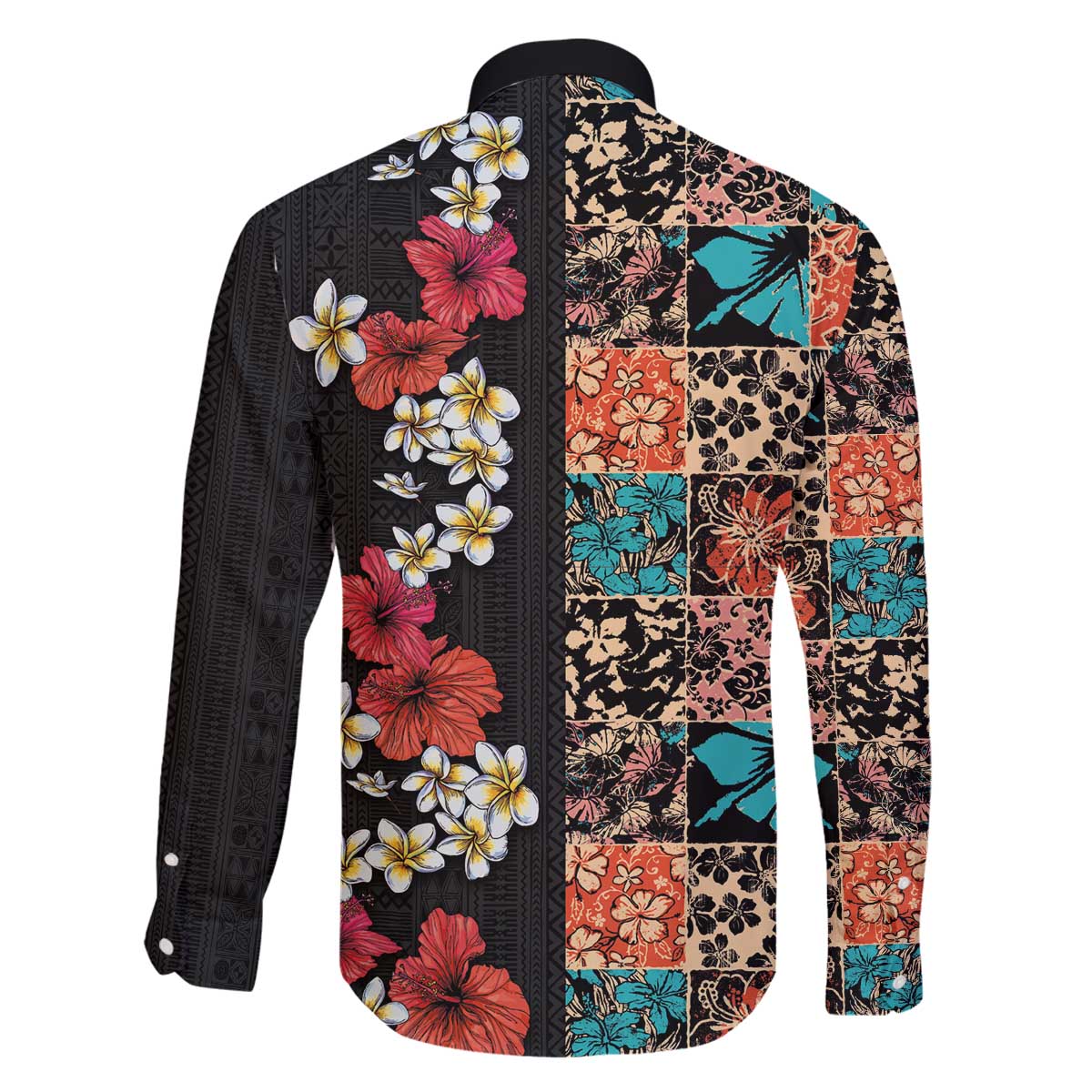 Hawaiian Hibiscus and Tropical Leaves Family Matching Puletasi and Hawaiian Shirt Patchwork Grunge Abstract Vintage Style