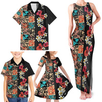 Hawaiian Hibiscus and Tropical Leaves Family Matching Tank Maxi Dress and Hawaiian Shirt Patchwork Grunge Abstract Vintage Style