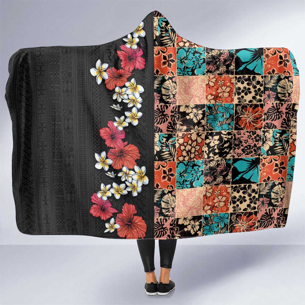 Hawaiian Hibiscus and Tropical Leaves Hooded Blanket Patchwork Grunge Abstract Vintage Style