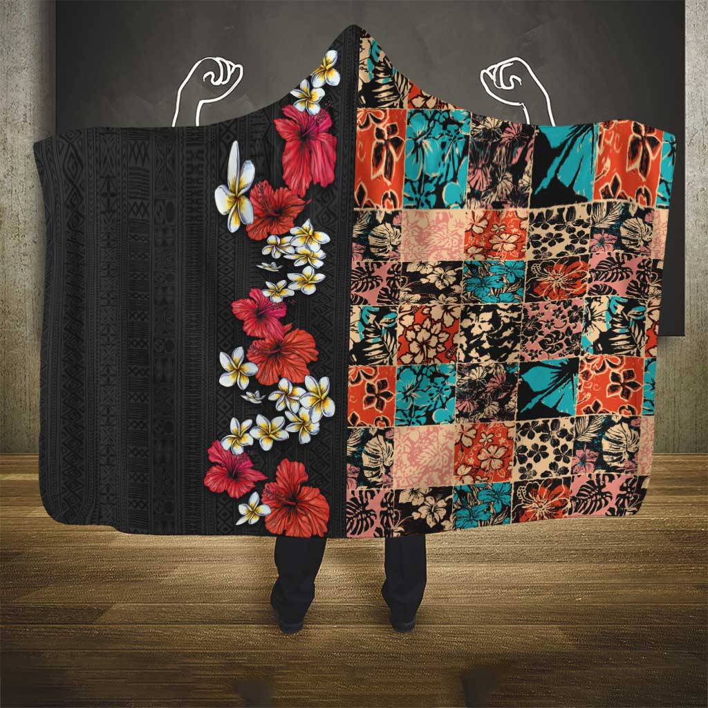 Hawaiian Hibiscus and Tropical Leaves Hooded Blanket Patchwork Grunge Abstract Vintage Style