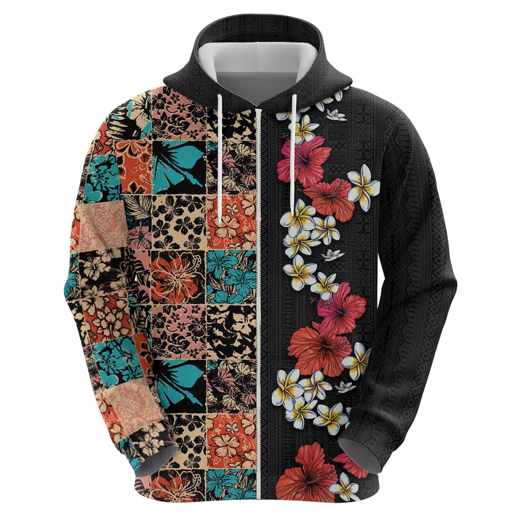 Hawaiian Hibiscus and Tropical Leaves Hoodie Patchwork Grunge Abstract Vintage Style