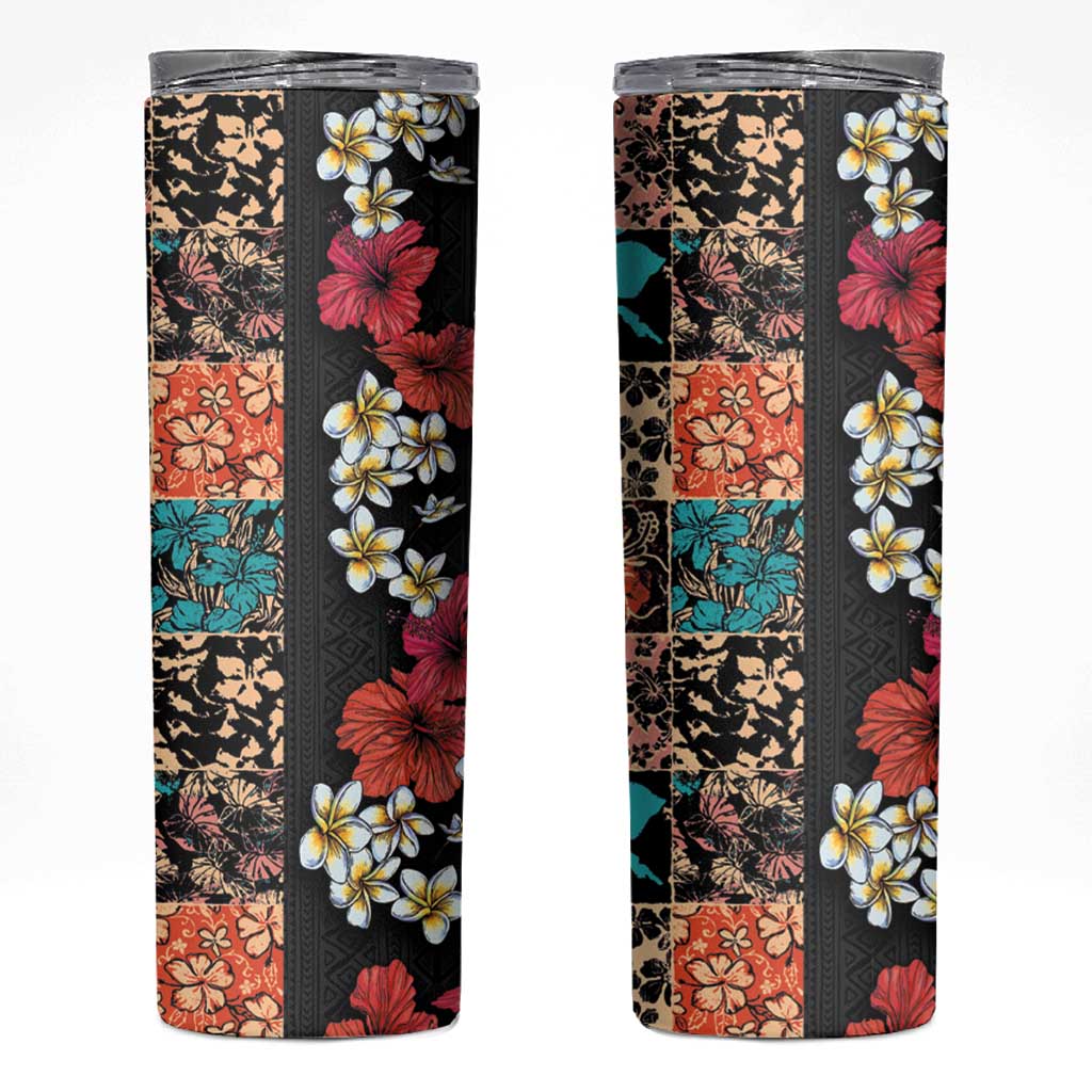 Hawaiian Hibiscus and Tropical Leaves Skinny Tumbler Patchwork Grunge Abstract Vintage Style LT03 Black - Polynesian Pride