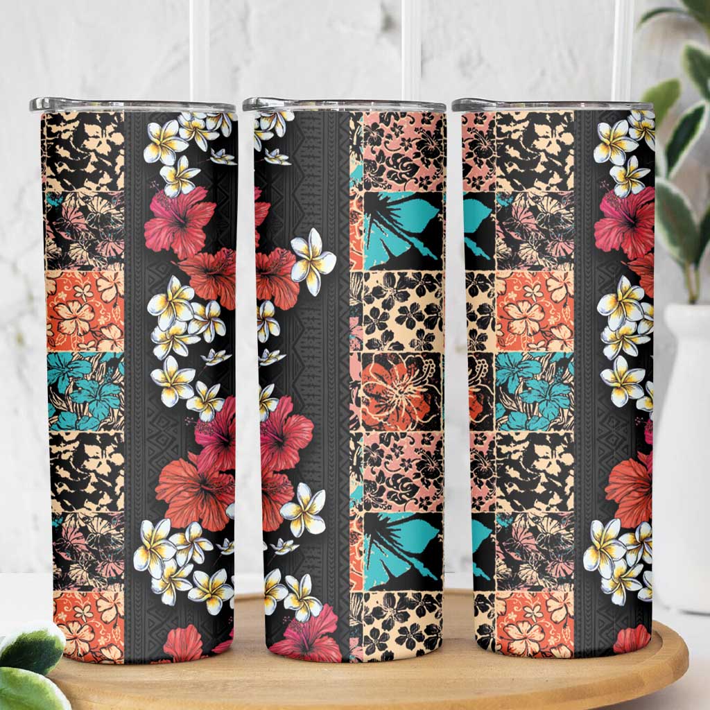 Hawaiian Hibiscus and Tropical Leaves Skinny Tumbler Patchwork Grunge Abstract Vintage Style LT03 - Polynesian Pride