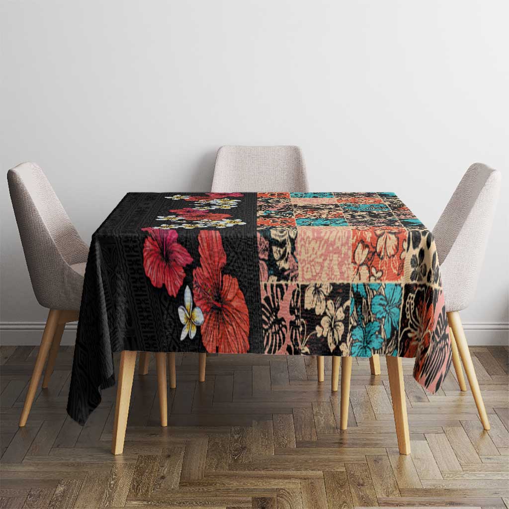 Hawaiian Hibiscus and Tropical Leaves Tablecloth Patchwork Grunge Abstract Vintage Style