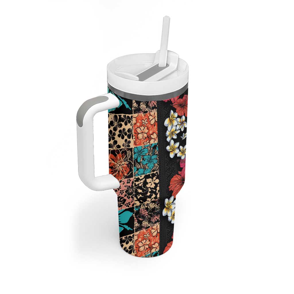 Hawaiian Hibiscus and Tropical Leaves Tumbler With Handle Patchwork Grunge Abstract Vintage Style