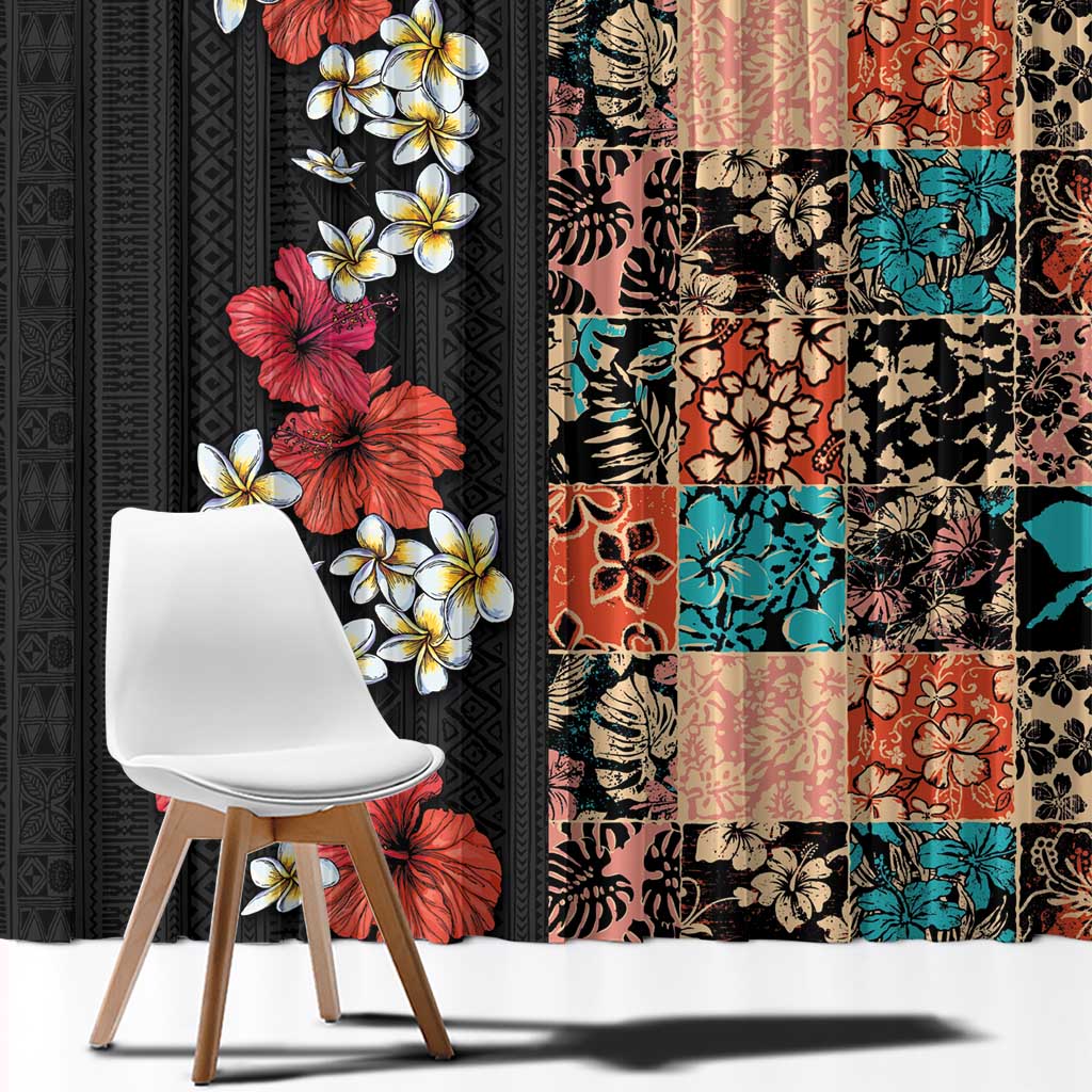 Hawaiian Hibiscus and Tropical Leaves Window Curtain Patchwork Grunge Abstract Vintage Style