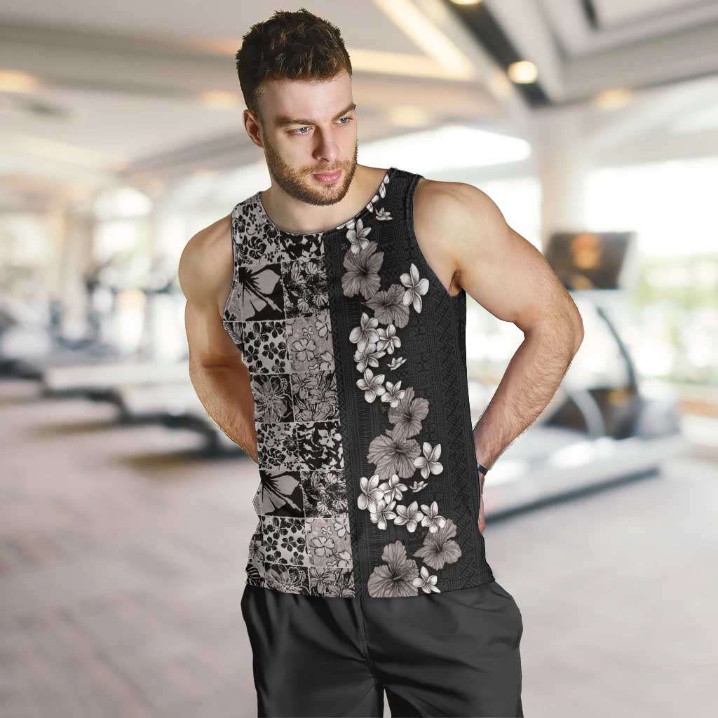 Hawaiian Hibiscus and Tropical Leaves Men Tank Top Patchwork Grunge Abstract Vintage Style Grayscale Color