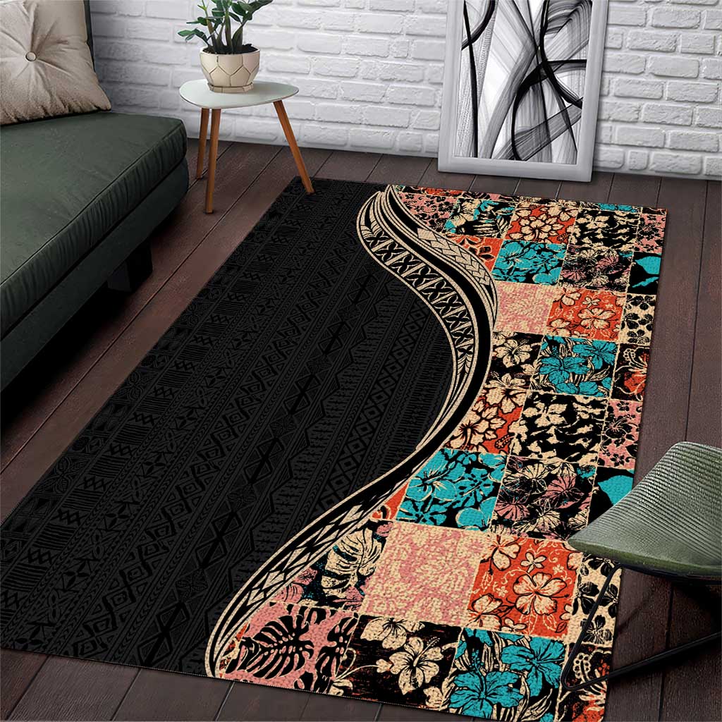 Hawaiian Hibiscus and Tropical Leaves Area Rug Patchwork Grunge Abstract and Tapa Tribal Pattern Half Style