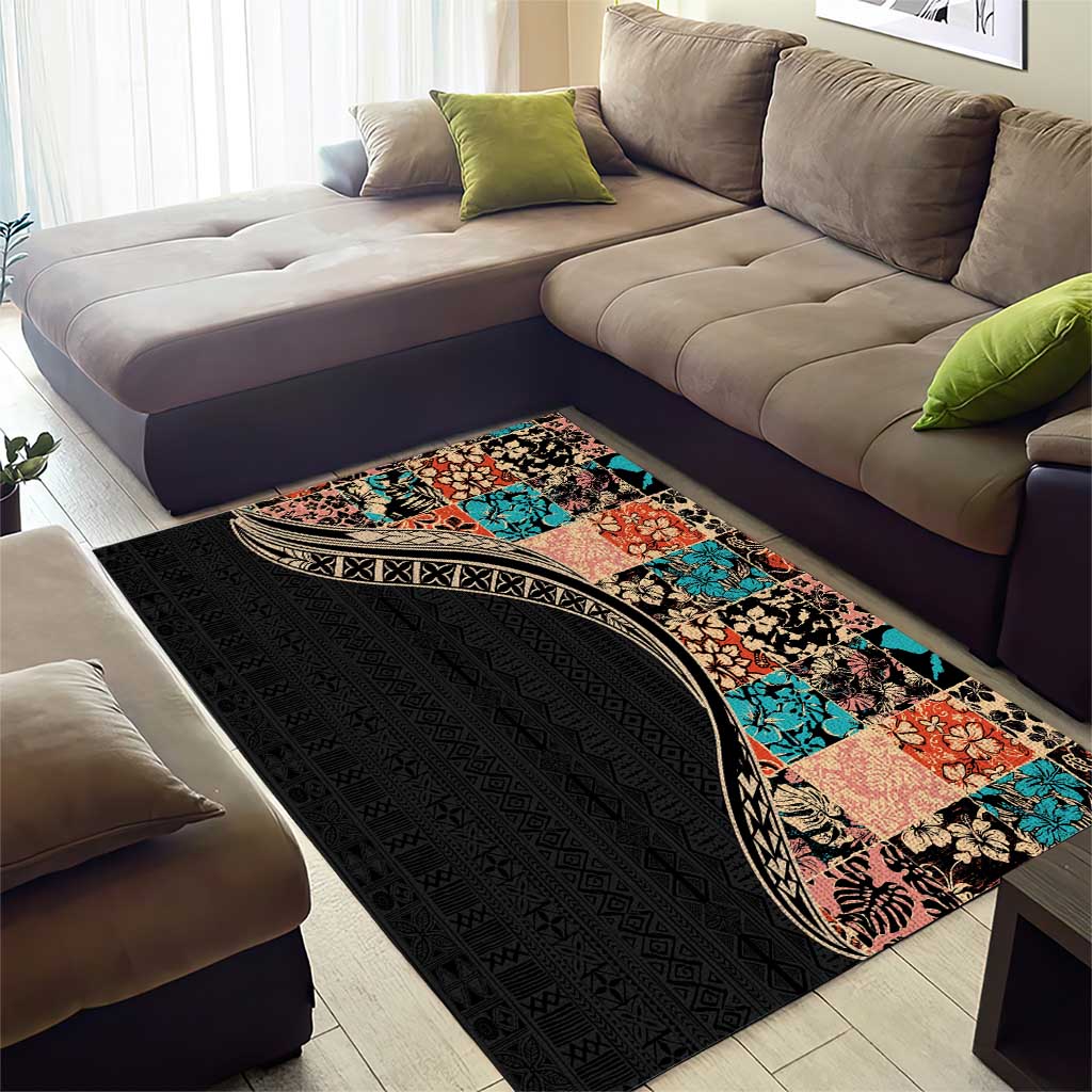 Hawaiian Hibiscus and Tropical Leaves Area Rug Patchwork Grunge Abstract and Tapa Tribal Pattern Half Style