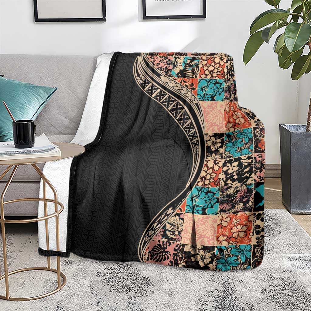 Hawaiian Hibiscus and Tropical Leaves Blanket Patchwork Grunge Abstract and Tapa Tribal Pattern Half Style
