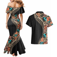 Hawaiian Hibiscus and Tropical Leaves Couples Matching Mermaid Dress and Hawaiian Shirt Patchwork Grunge Abstract and Tapa Tribal Pattern Half Style