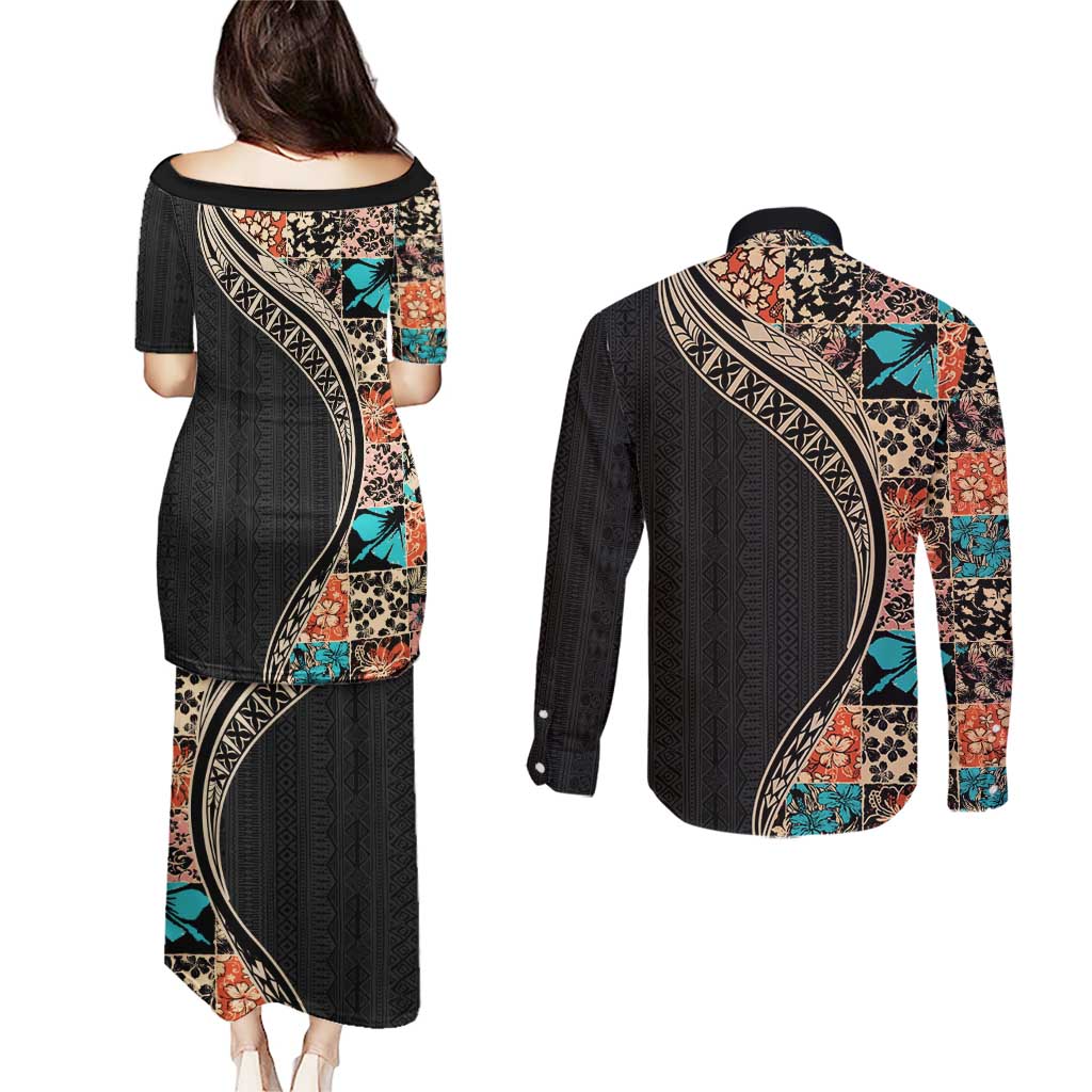 Hawaiian Hibiscus and Tropical Leaves Couples Matching Puletasi and Long Sleeve Button Shirt Patchwork Grunge Abstract and Tapa Tribal Pattern Half Style