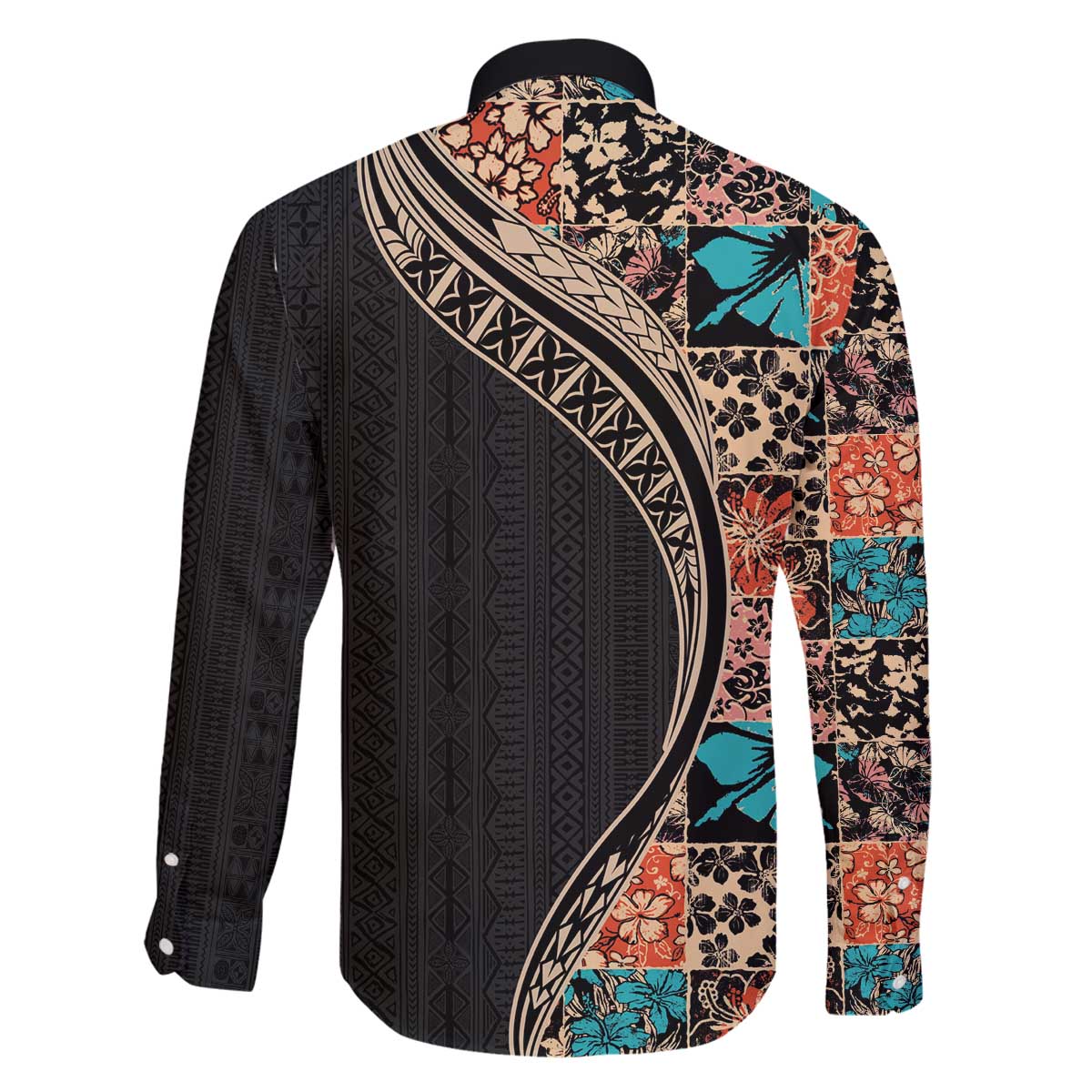 Hawaiian Hibiscus and Tropical Leaves Family Matching Puletasi and Hawaiian Shirt Patchwork Grunge Abstract and Tapa Tribal Pattern Half Style