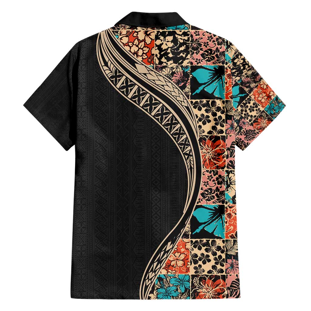 Hawaiian Hibiscus and Tropical Leaves Family Matching Short Sleeve Bodycon Dress and Hawaiian Shirt Patchwork Grunge Abstract and Tapa Tribal Pattern Half Style
