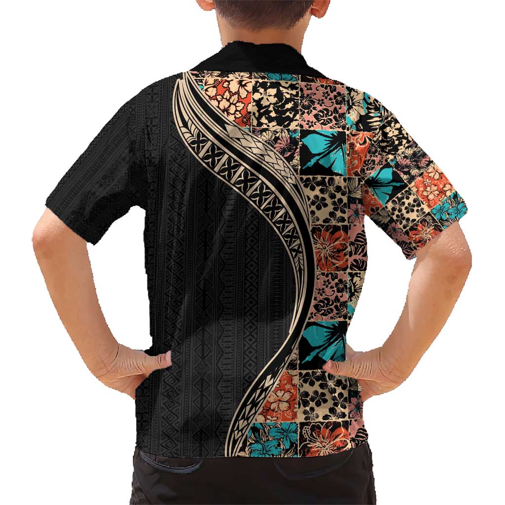 Hawaiian Hibiscus and Tropical Leaves Kid Hawaiian Shirt Patchwork Grunge Abstract and Tapa Tribal Pattern Half Style