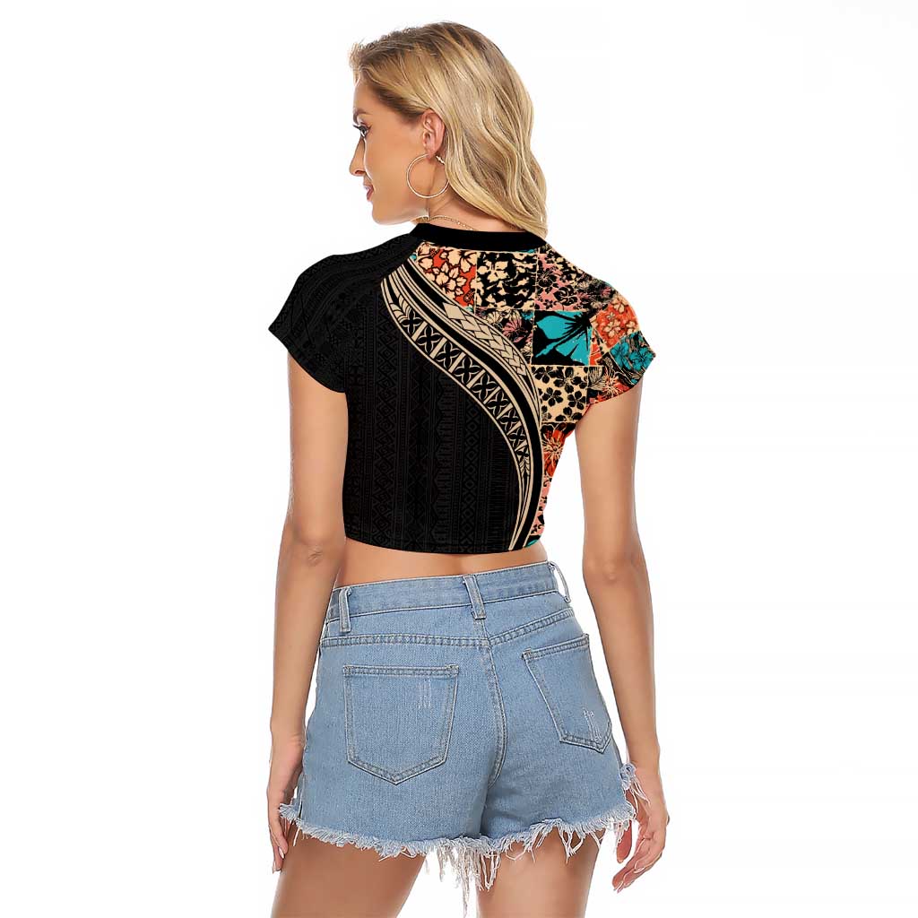 Hawaiian Hibiscus and Tropical Leaves Raglan Cropped T Shirt Patchwork Grunge Abstract and Tapa Tribal Pattern Half Style