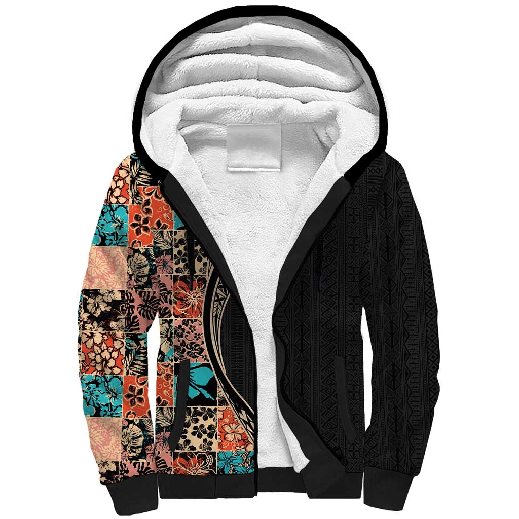 Hawaiian Hibiscus and Tropical Leaves Sherpa Hoodie Patchwork Grunge Abstract and Tapa Tribal Pattern Half Style