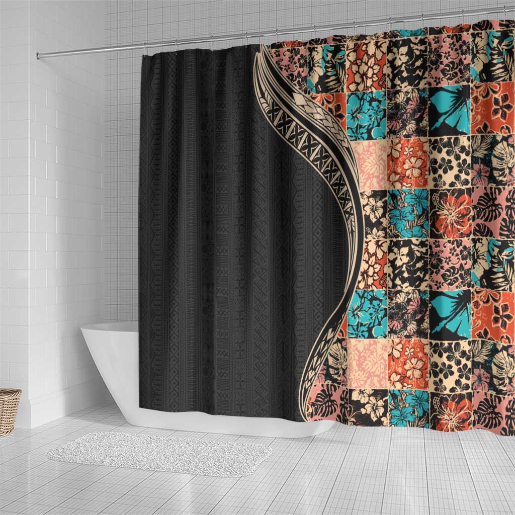 Hawaiian Hibiscus and Tropical Leaves Shower Curtain Patchwork Grunge Abstract and Tapa Tribal Pattern Half Style