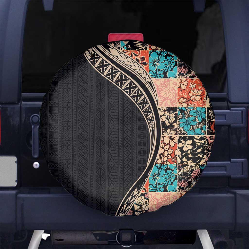 Hawaiian Hibiscus and Tropical Leaves Spare Tire Cover Patchwork Grunge Abstract and Tapa Tribal Pattern Half Style