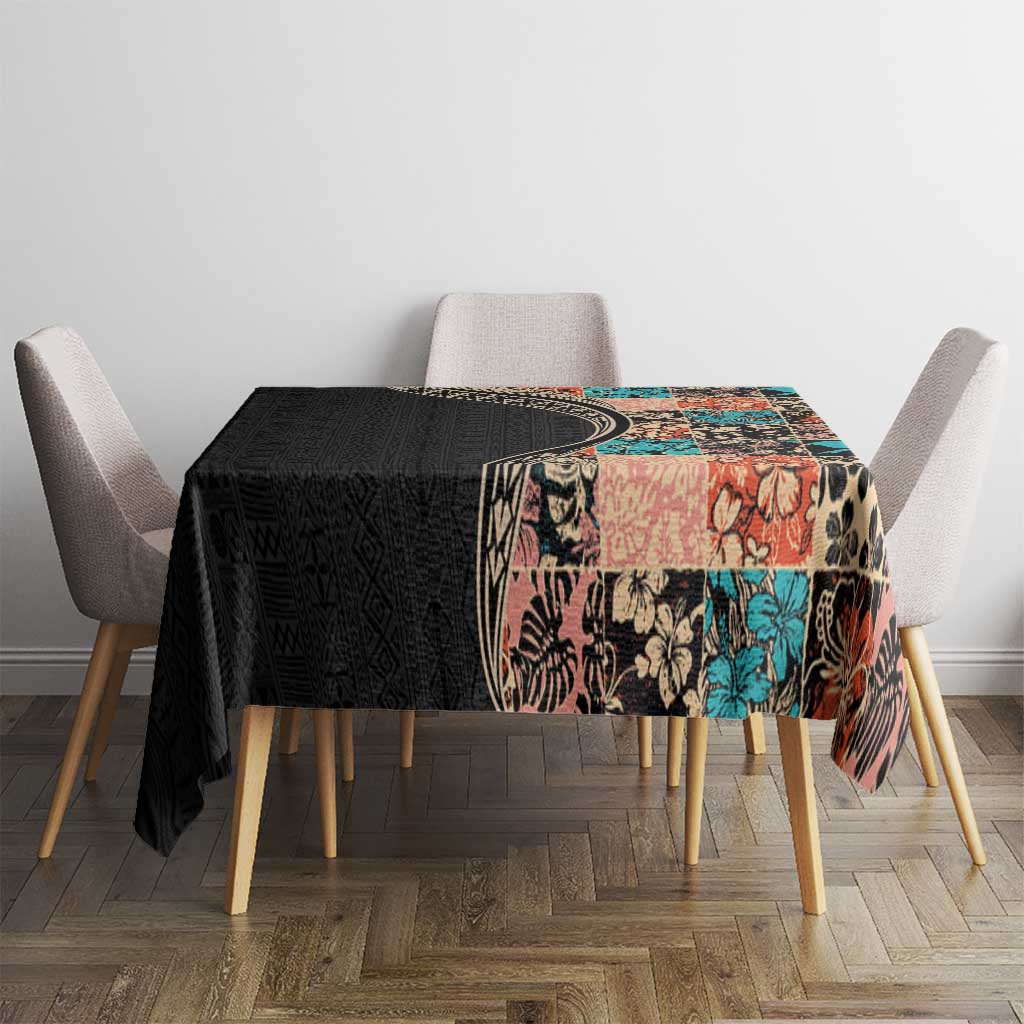 Hawaiian Hibiscus and Tropical Leaves Tablecloth Patchwork Grunge Abstract and Tapa Tribal Pattern Half Style