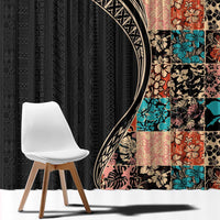 Hawaiian Hibiscus and Tropical Leaves Window Curtain Patchwork Grunge Abstract and Tapa Tribal Pattern Half Style